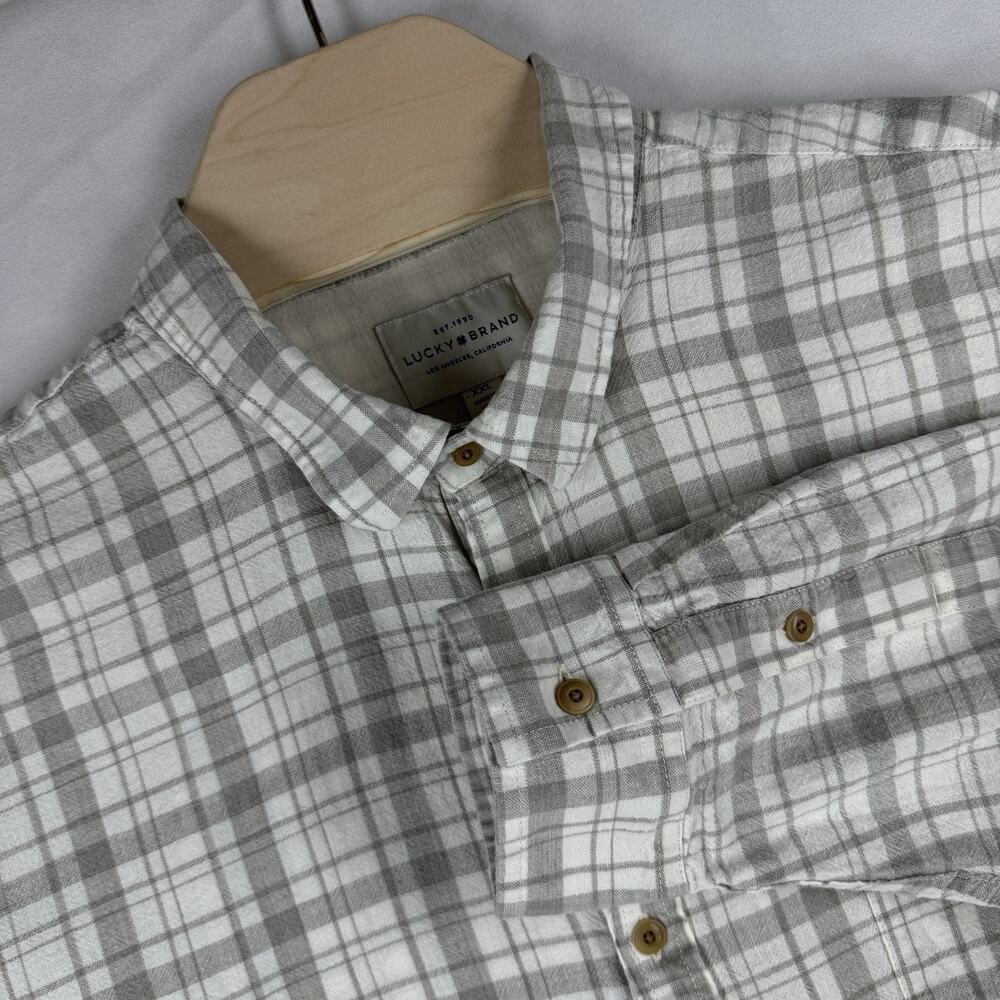 Lucky Brand Men XXL Linen Cotton Plaid Button Up Shirt Gray White Classic Fit